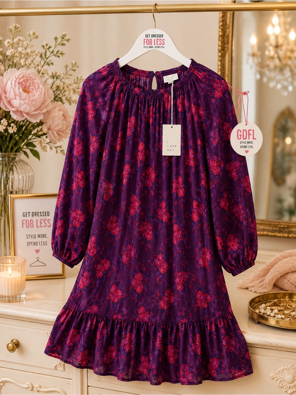 A New Day Floral Dress XS Purple Red Sheer Midi Long Sleeve Romantic